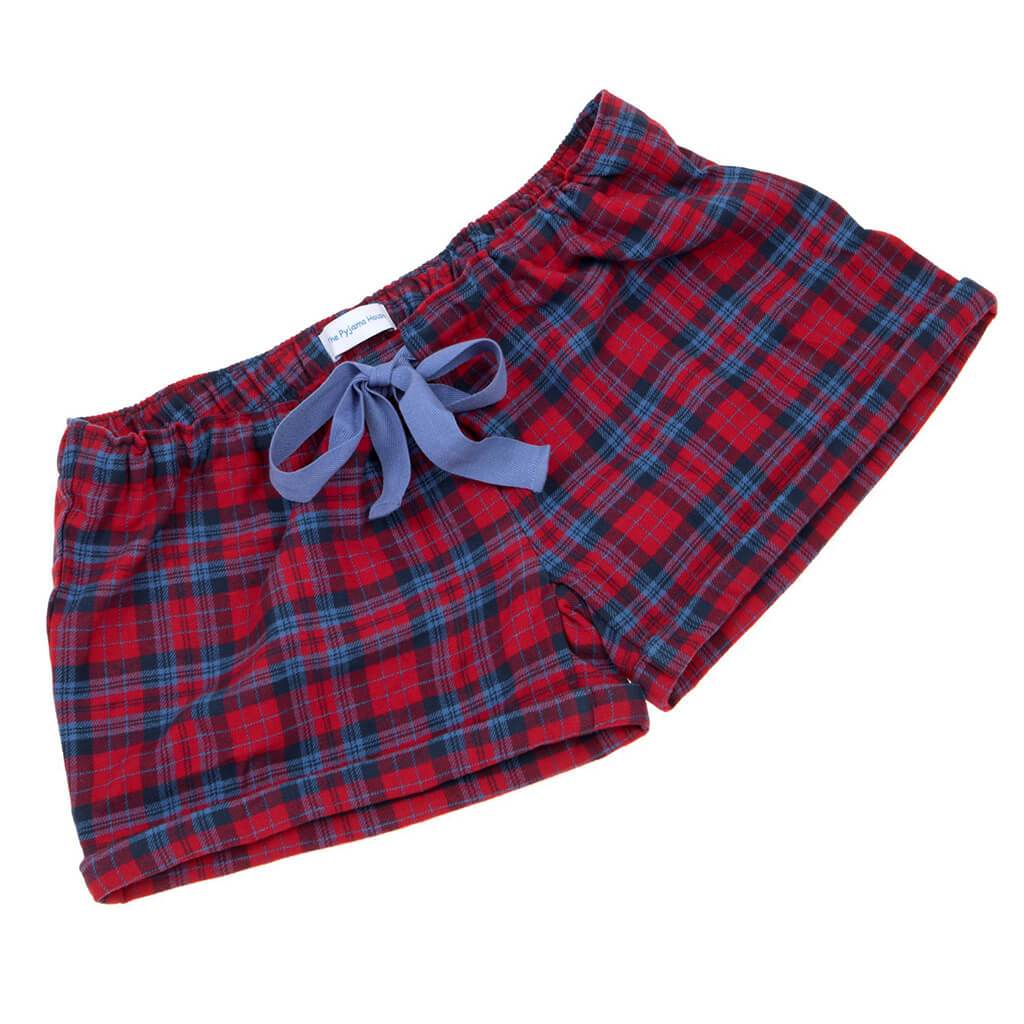 Red and Navy Tartan Brushed Cotton Girls Sleep Shorts