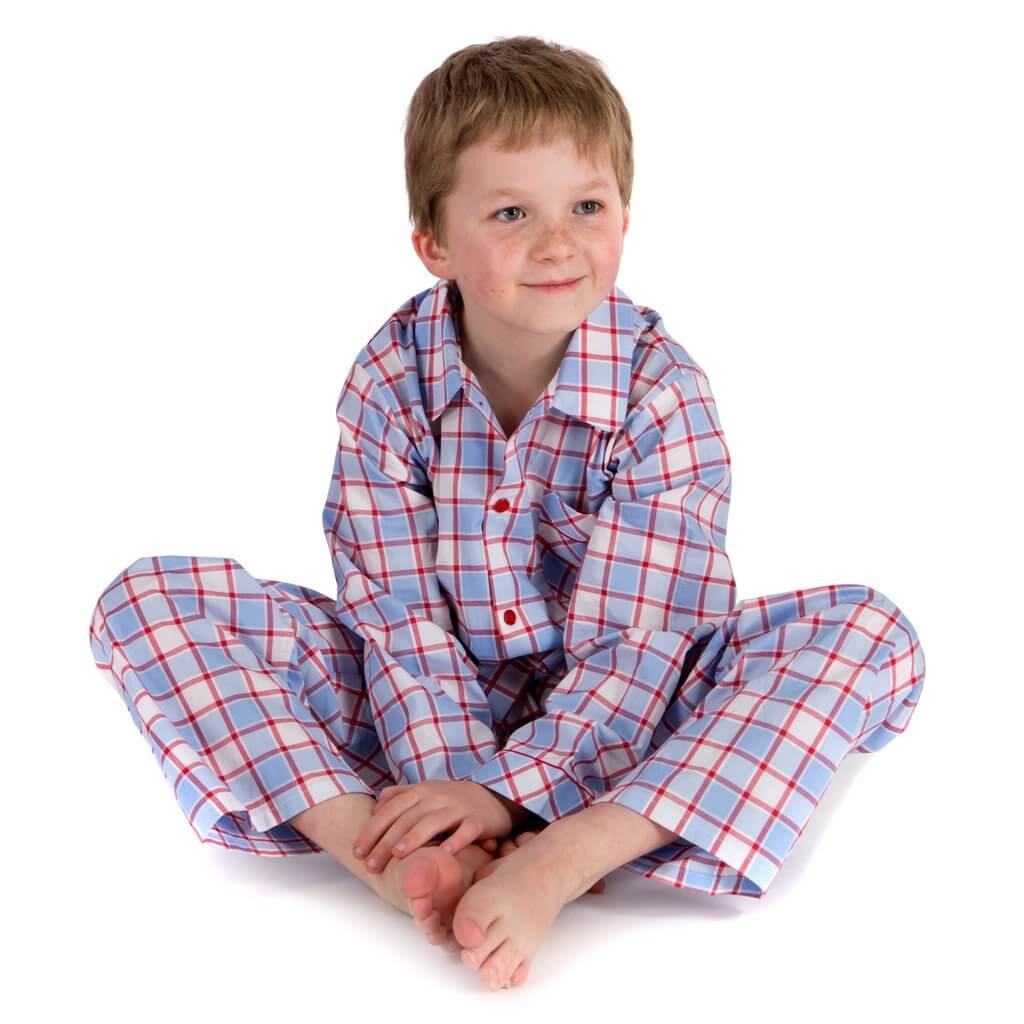 Pale blue and red check fine cotton boys pyjamas