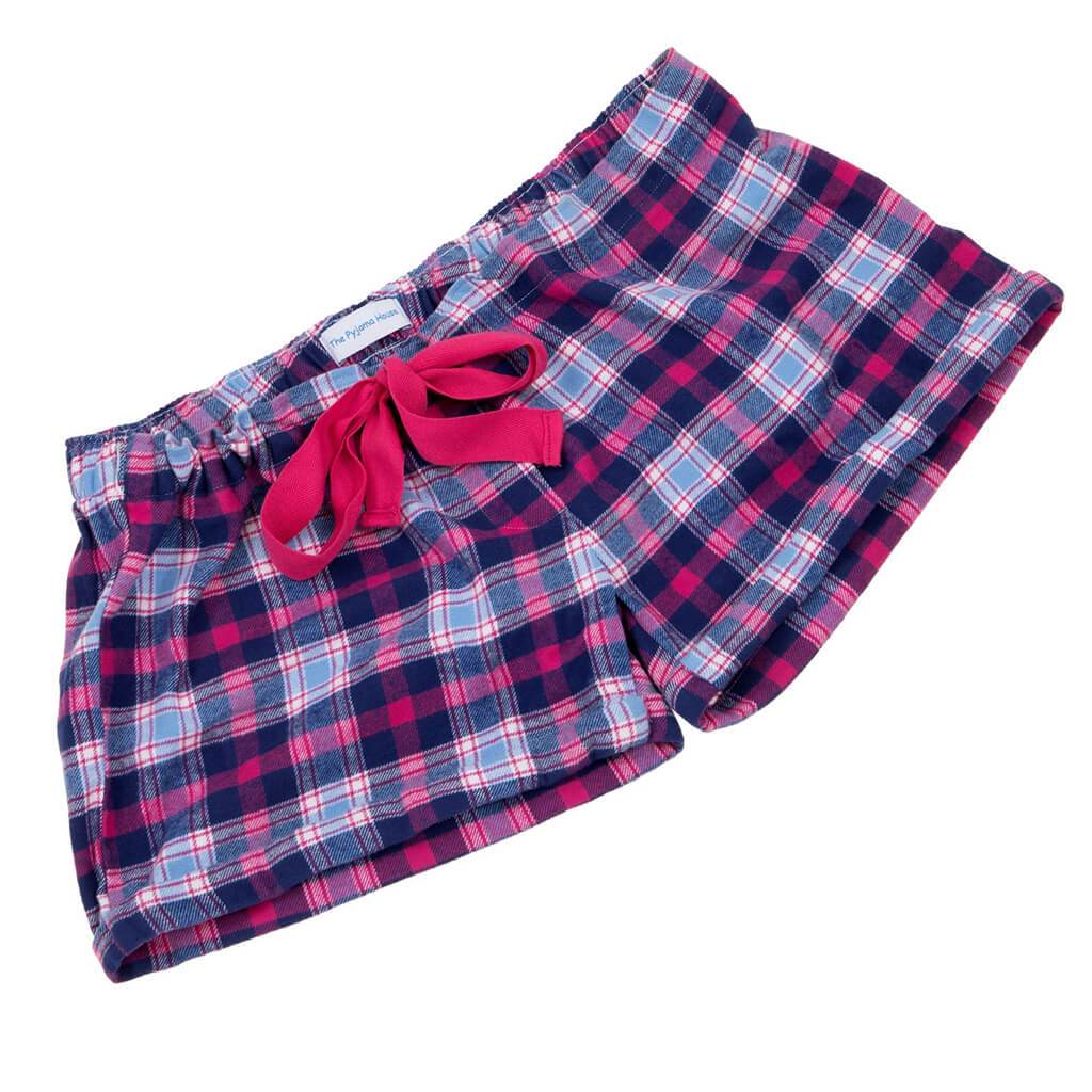 plein medley ontspannen Pyjama Sleep Shorts for Girls in Brushed Cotton Pink and Navy Check - The  Pyjama House