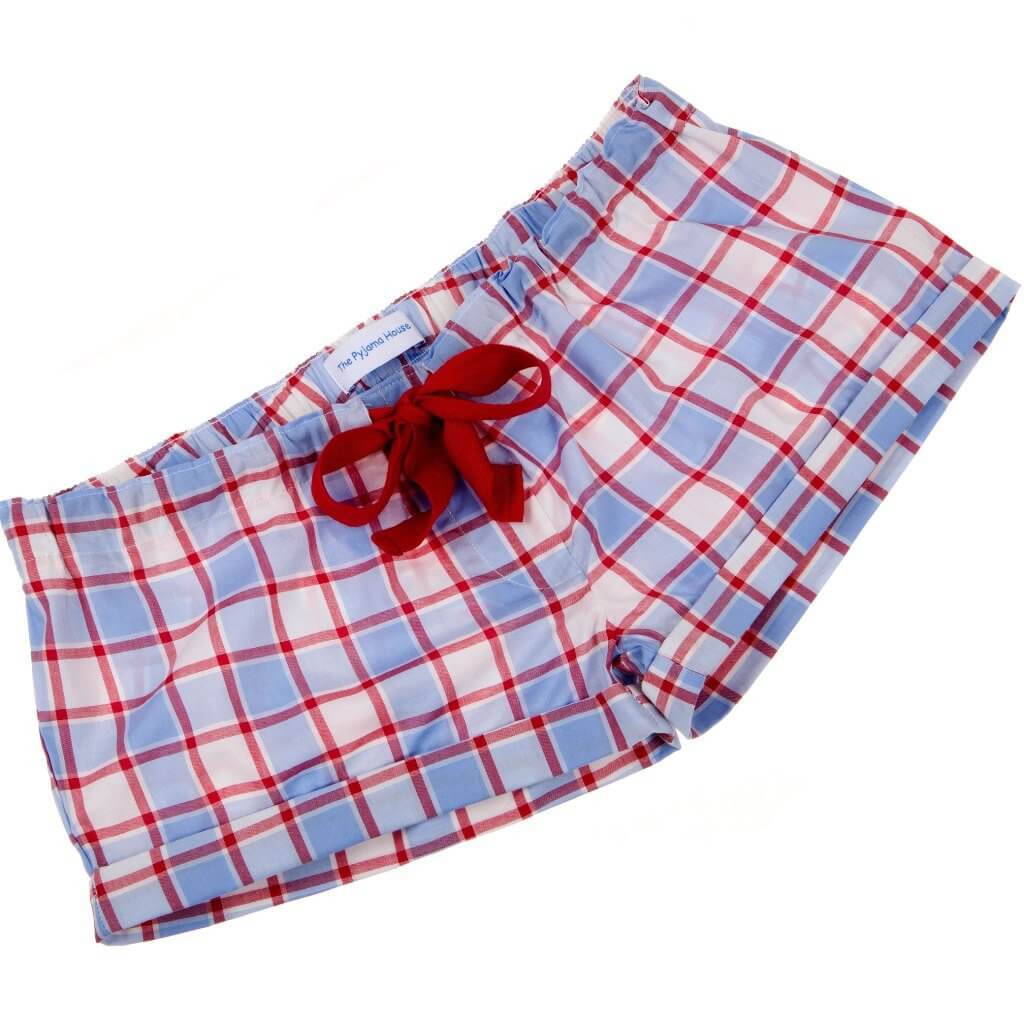 Pale blue and red check fine cotton sleep shorts