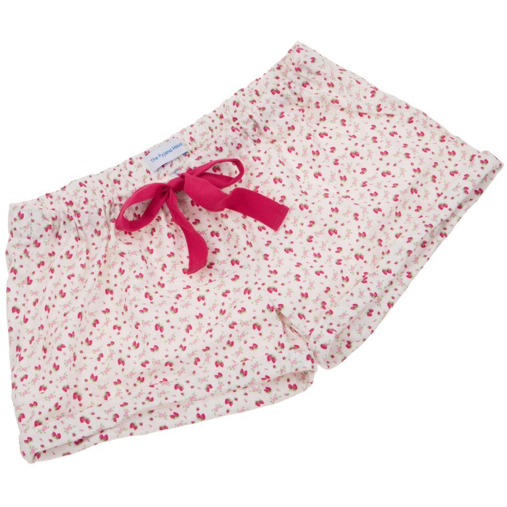 Pyjama Sleep Shorts for Girls in Brushed Cotton Strawberry Print - The Pyjama House