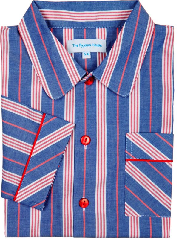 Folded Deep Blue and red Pinstripe Cotton Pyjamas with red piping detail