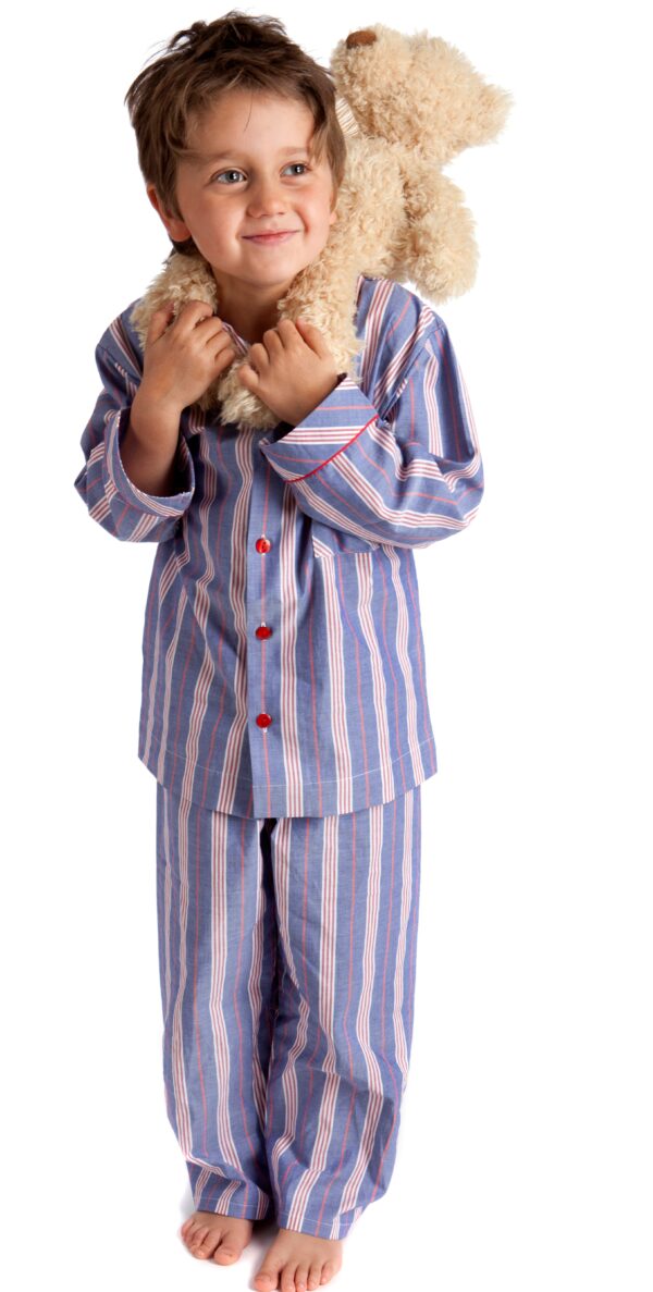 Boy with teddy in Deep Blue and red Pinstripe Cotton Pyjamas