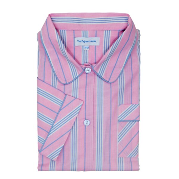pink candy stripe pyjamas with blue piping detail on cuffs, collar and pocket