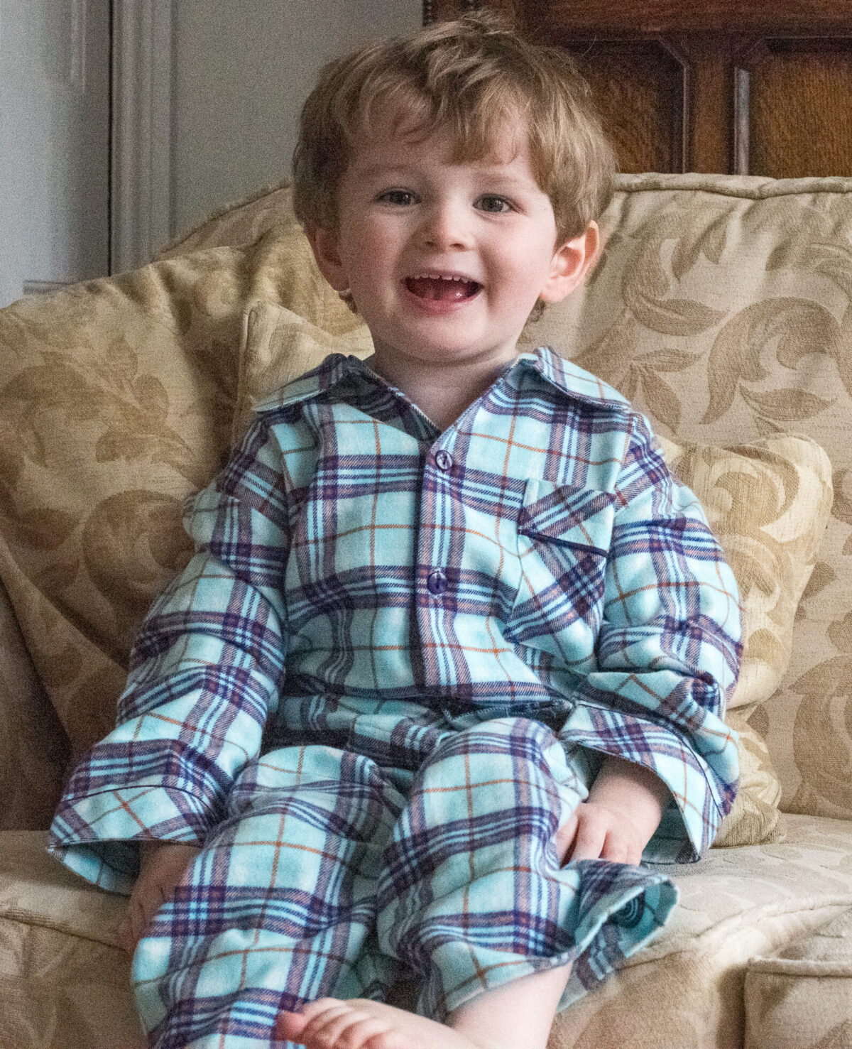 Boys Pyjamas in Brushed Cotton Mint and Navy Check - The Pyjama House