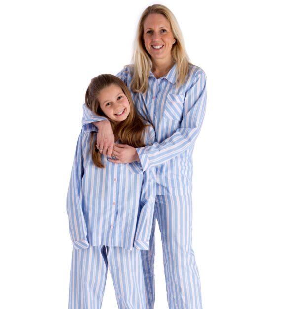Pale blue and pink stripe Egyptian cotton ladies pyjamas, also for girls