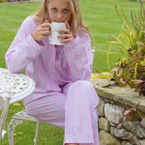 ladies pyjamas in pale pink stripe