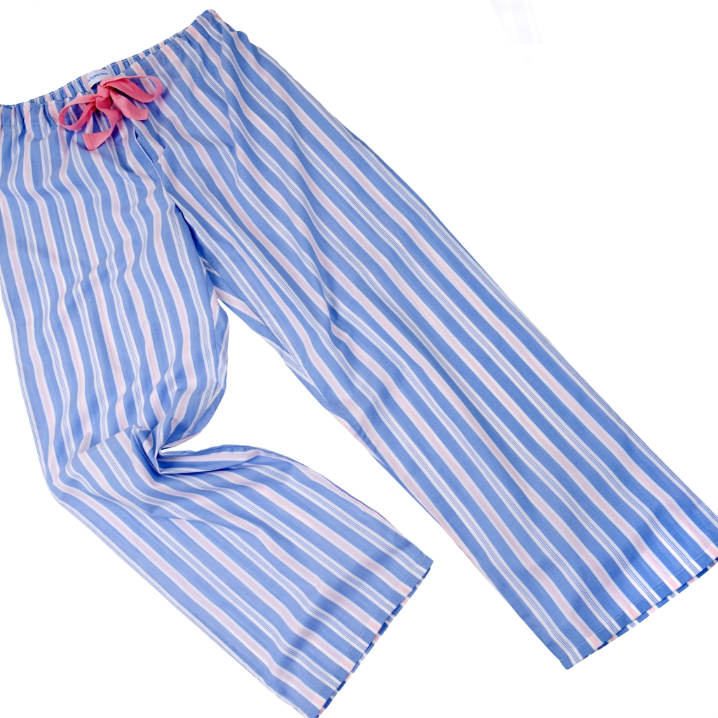 Fine cotton pale blue and pink stripe PJ bottoms with pink drawstring tie