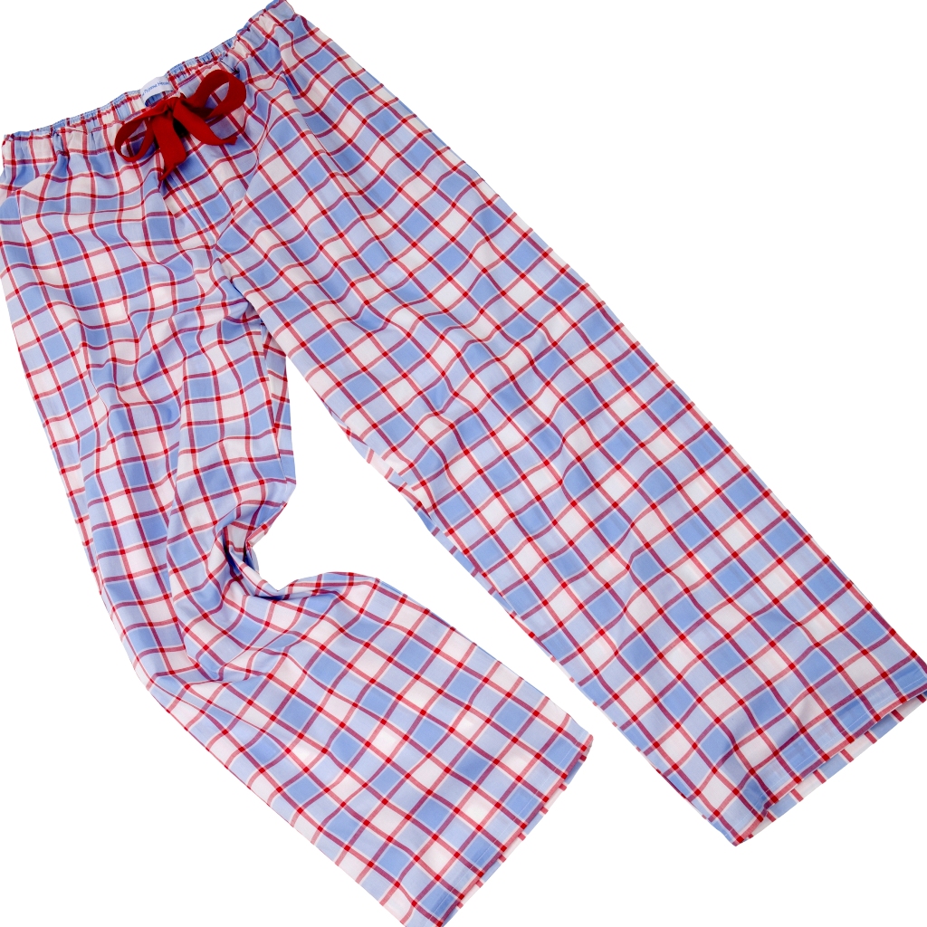 Pyjama pull on bottoms in fine cotton pale blue and red check with red tie