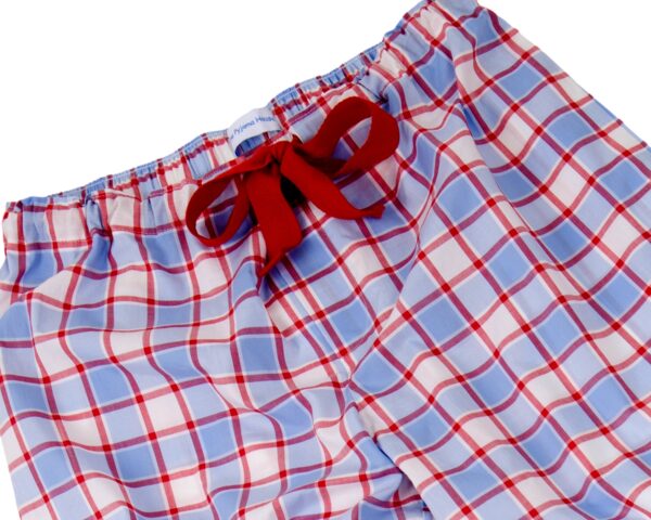 Fine cotton pale blue and red pyjama bottoms with red tie waist