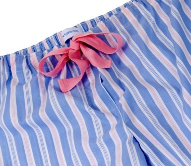 Pale blue and pink stripe cotton pj bottoms with pink tie - close up