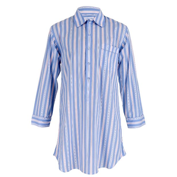 Adult nightshirt in pale blue and pink stripe fine cotton