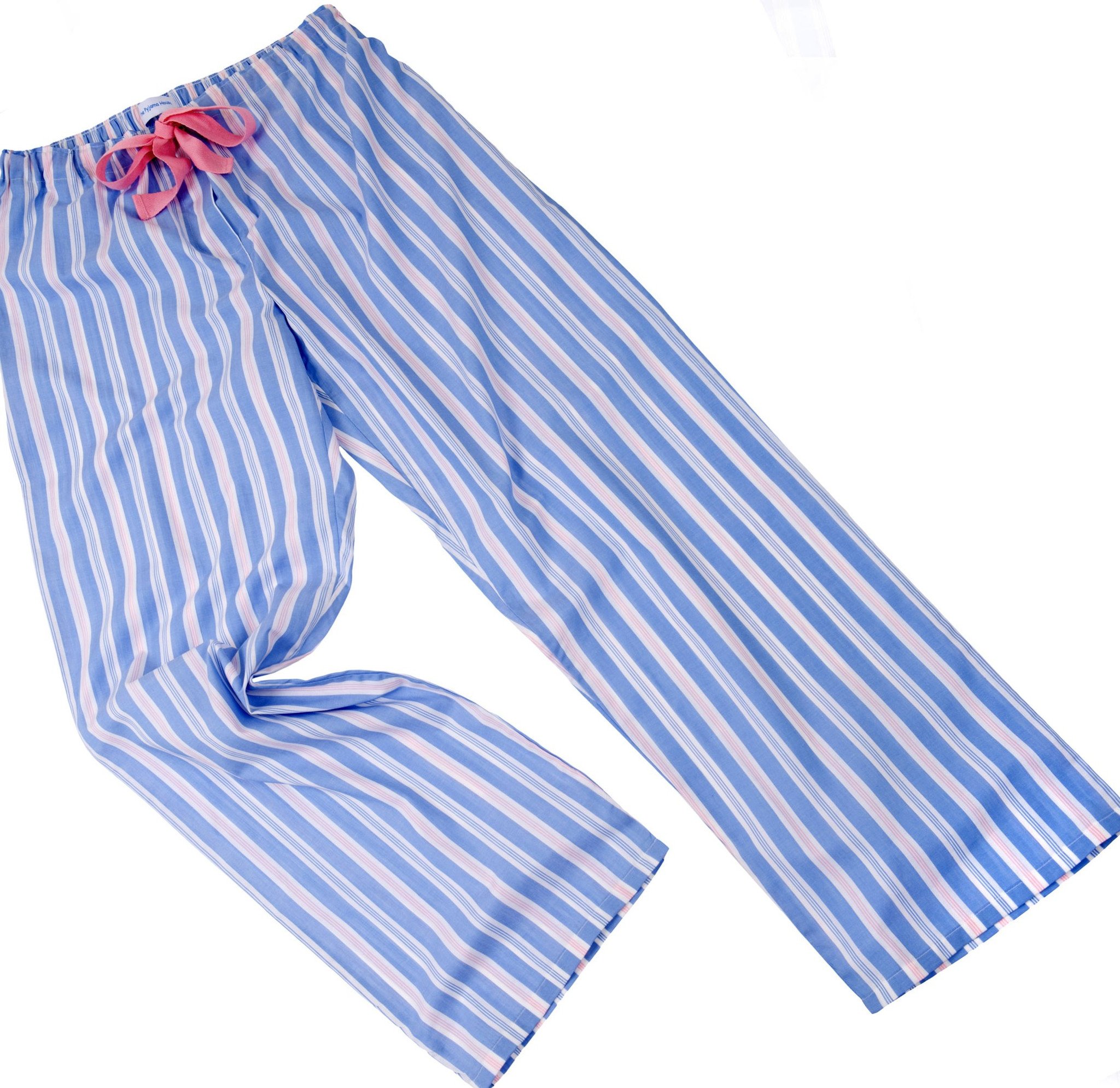 Pale blue and pink stripe cotton pyjama bottoms with pink tie