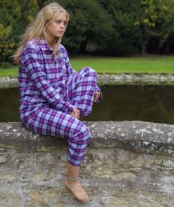 pink and navy check pyjamas for women in 100% brushed cotton flannel
