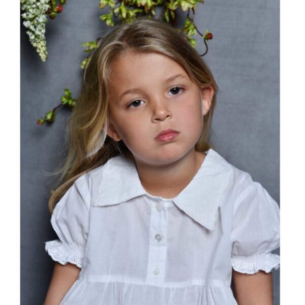 Short sleeved white cotton nightie with broderie anglaise collar for children