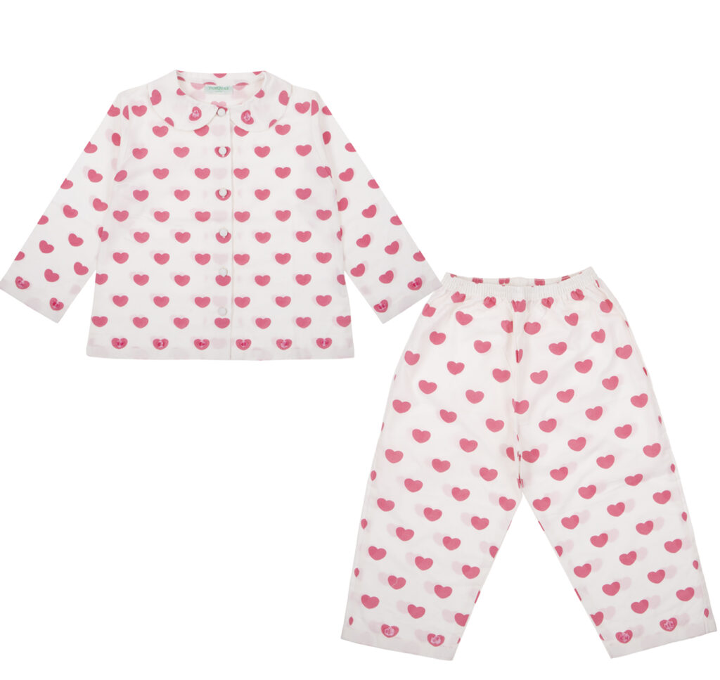 Ivory White Cotton Pyjamas for Girls with Pretty Pink Hearts