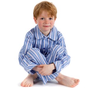Boy, seated, in blue and white striped pyjamas with pink pinstripe in fine cotton
