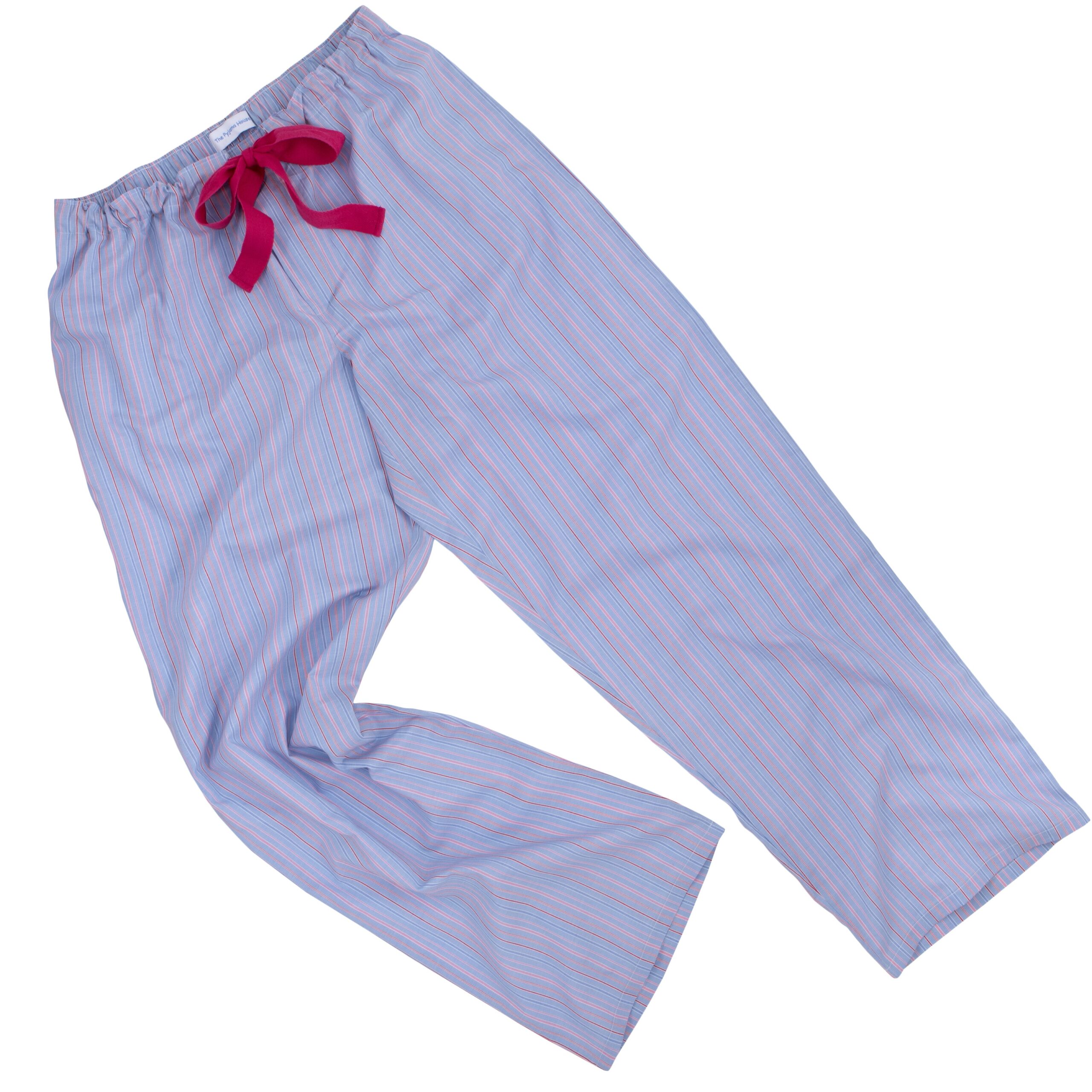 Fine cotton pj bottoms in blue multistripe with an adujstable raspberry red tie.