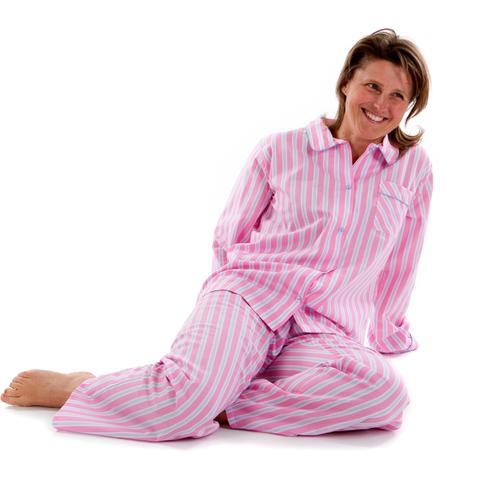 Ladies Pyjamas in fine Egyptian cotton candy pink stripe, by The Pyjama House
